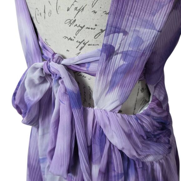 Express Womens Sz M Purple Print V-Neck Sleeveless Bow Back Mini Fit Flare Dress - Picture 8 of 10